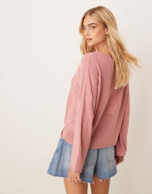 ASOS DESIGN lace knit slouchy jumper in dusty pink, 4 of 4