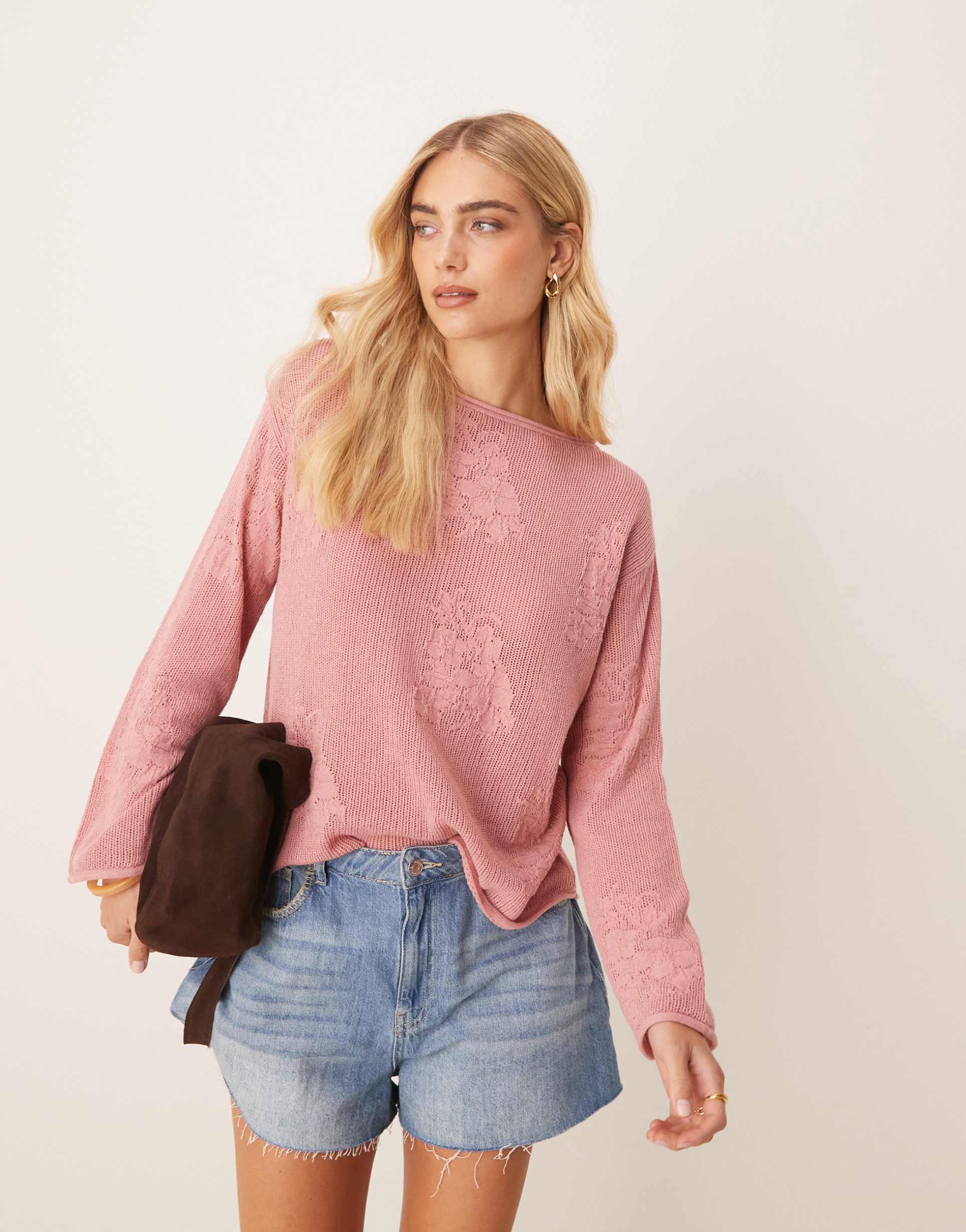 asos design lace knit slouchy sweater in dusty pink