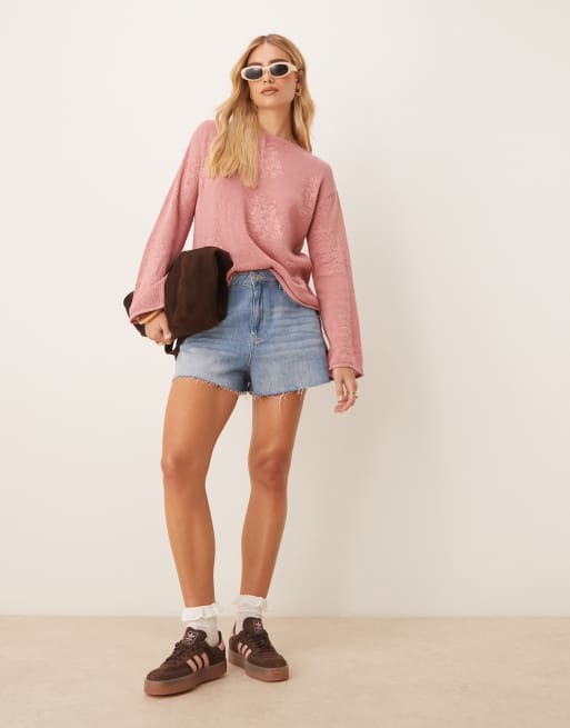 ASOS DESIGN lace knit slouchy sweater in dusty pink, 3 of 4