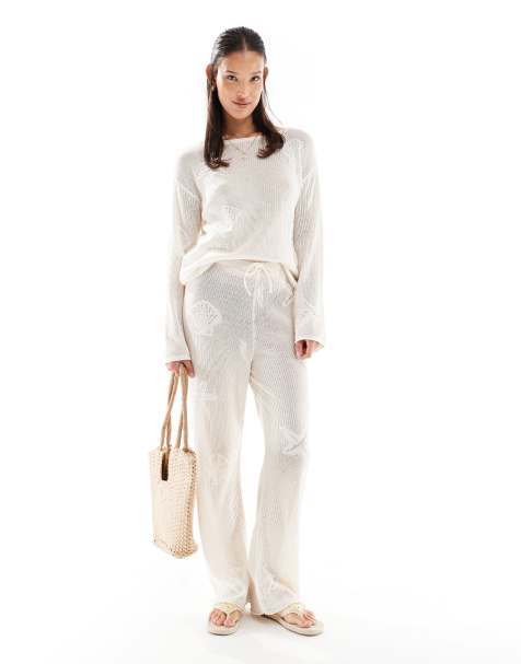 ASOS DESIGN lace knit wide leg pants with shell motif in ecru - view 1