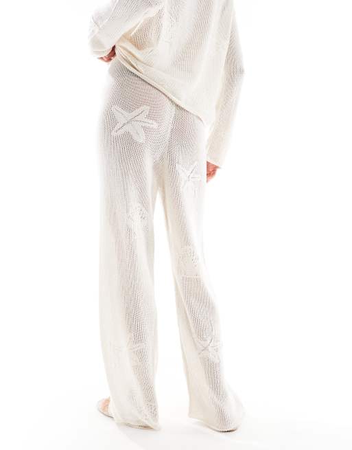 ASOS DESIGN lace knit wide leg pants with shell motif in ecru, 2 of 5
