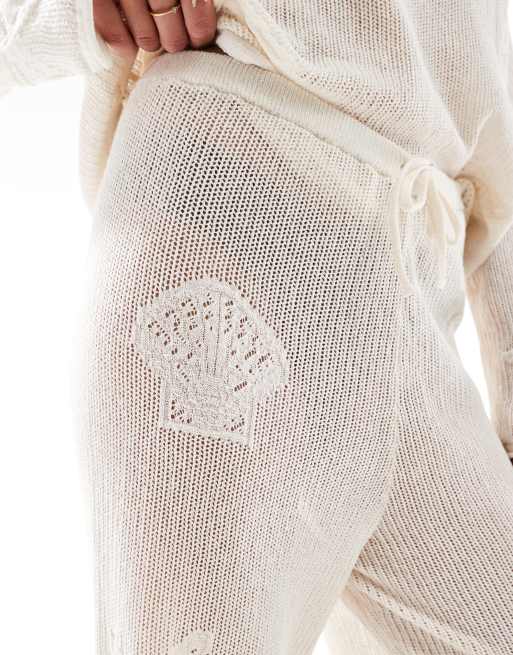 ASOS DESIGN lace knit wide leg pants with shell motif in ecru, 3 of 5