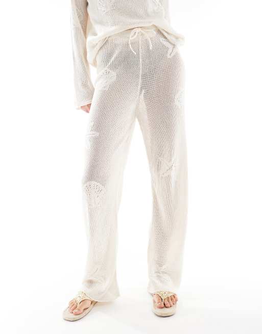 ASOS DESIGN lace knit wide leg pants with shell motif in ecru, 4 of 5