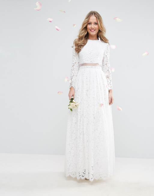 ASOS DESIGN Lace Long Sleeve Crop Top Maxi Wedding Dress