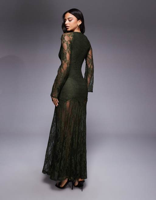 ASOS DESIGN lace long sleeve dropped waist maxi dress in green, 4 of 4