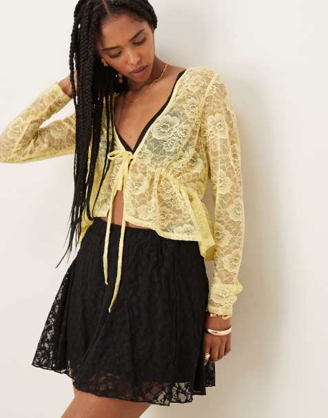 ASOS DESIGN lace long sleeve floaty top in yellow - view 1