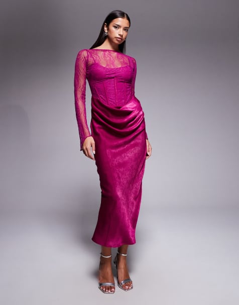 ASOS DESIGN lace long sleeve high neck maxi dress with velvet drape overlay skirt in plum - view 1