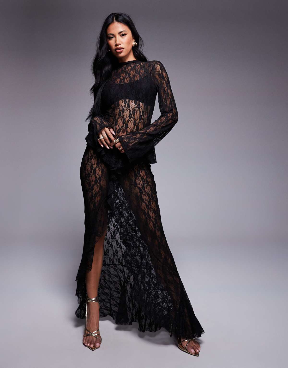 ASOS DESIGN lace long sleeve maxi dress ruffle skirt in black