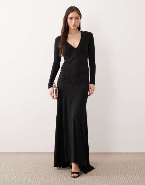 ASOS DESIGN lace long sleeve maxi dress with ruched bodice in black - view 1