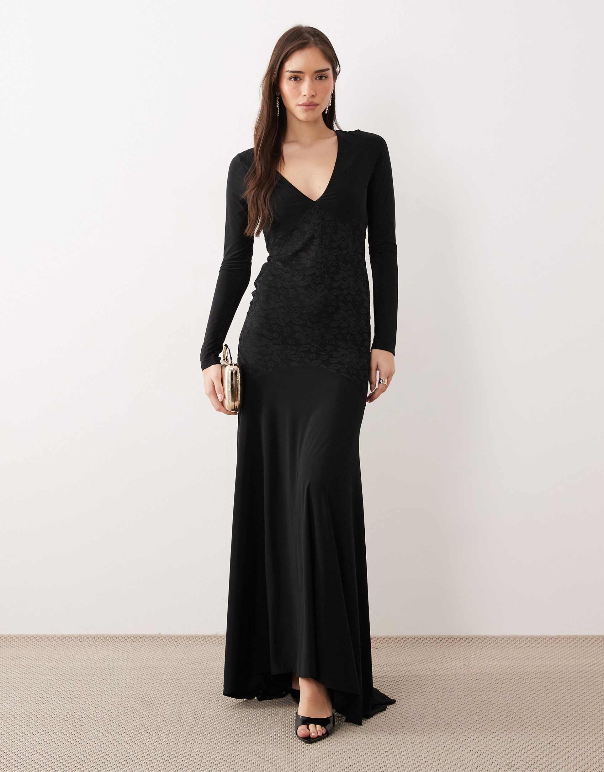 asos design lace long sleeve maxi dress with ruched bodice in chocolate