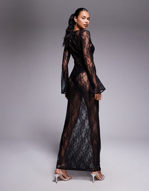ASOS DESIGN lace long sleeve maxi dress with square neck line in black