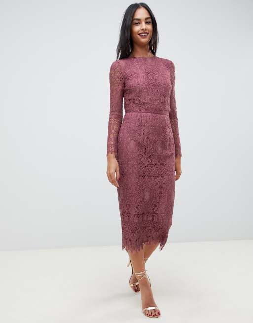 ASOS DESIGN long sleeve pencil dress in lace with geo lace trims