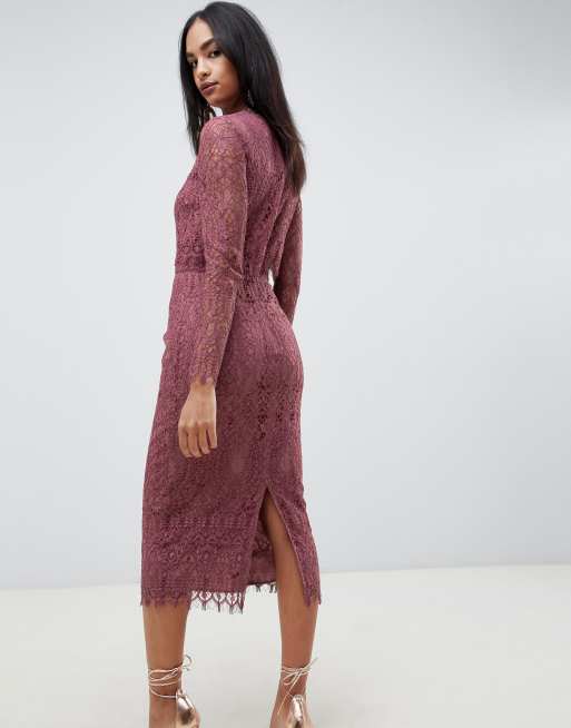 Asos design lace long 2024 sleeve midi pencil dress