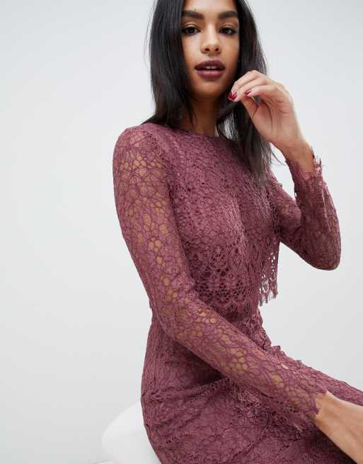 Asos design lace long 2024 sleeve midi pencil dress