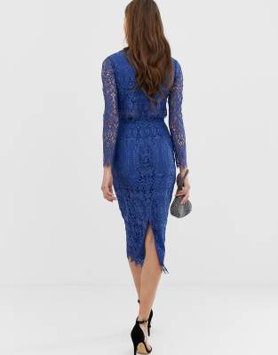 asos design lace long sleeve midi pencil dress