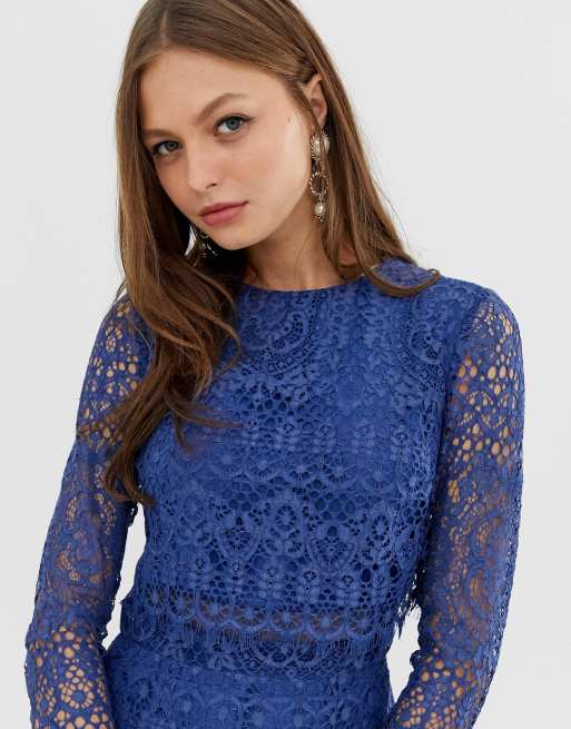 Asos design lace long outlet sleeve midi pencil dress