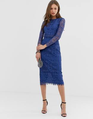 asos design lace long sleeve midi pencil dress