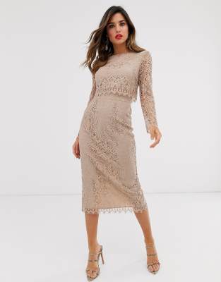 asos design lace long sleeve midi pencil dress