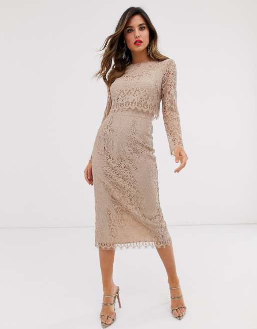 ASOS DESIGN long sleeve pencil dress in lace with geo lace trims