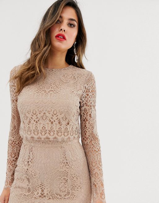ASOS DESIGN long sleeve pencil dress in lace with geo lace trims