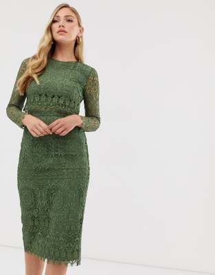 asos design lace long sleeve midi pencil dress