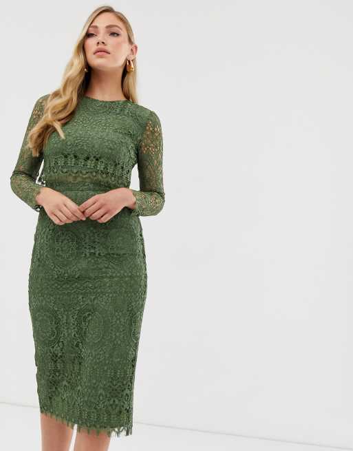 Asos design lace long 2025 sleeve midi pencil dress