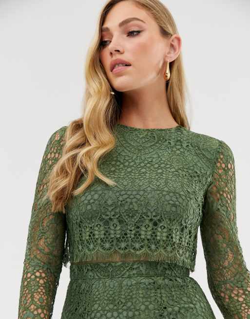 Asos design lace long hot sale sleeve midi pencil dress