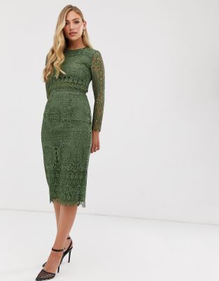lace long sleeve midi pencil dress
