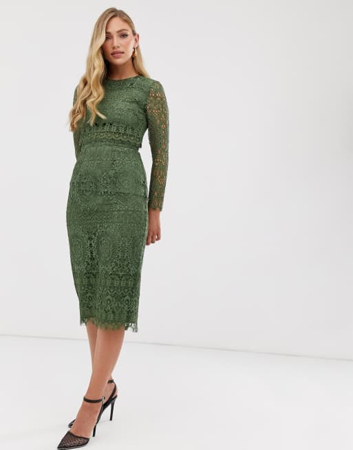 Asos design lace long deals sleeve midi pencil dress