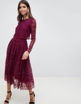 asos design long sleeve lace top prom midi dress