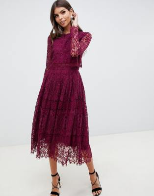 asos design long sleeve lace top prom midi dress