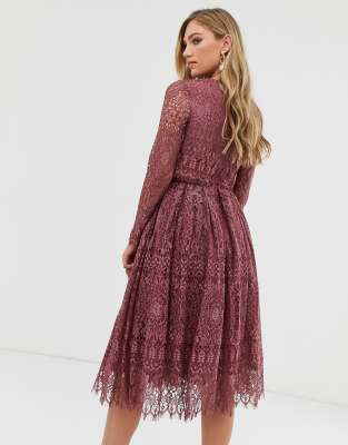 Asos design long sleeve lace top prom midi dress sale