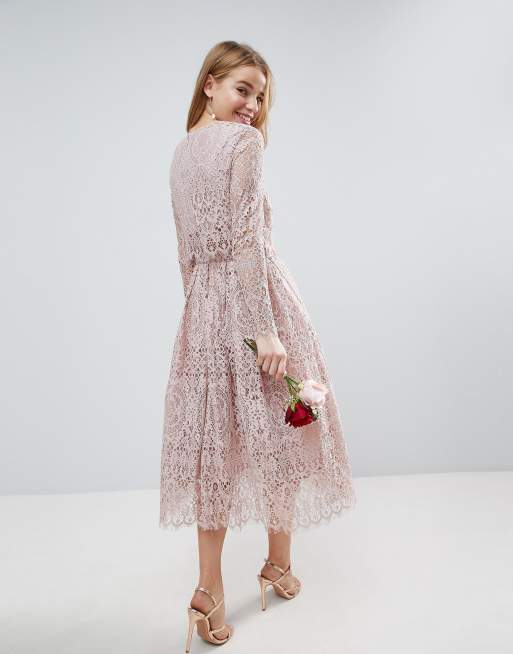 Asos design long sleeve lace top on sale prom midi dress