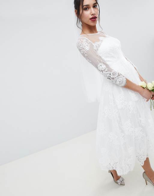 Asos design lace long best sale sleeve midi prom dress