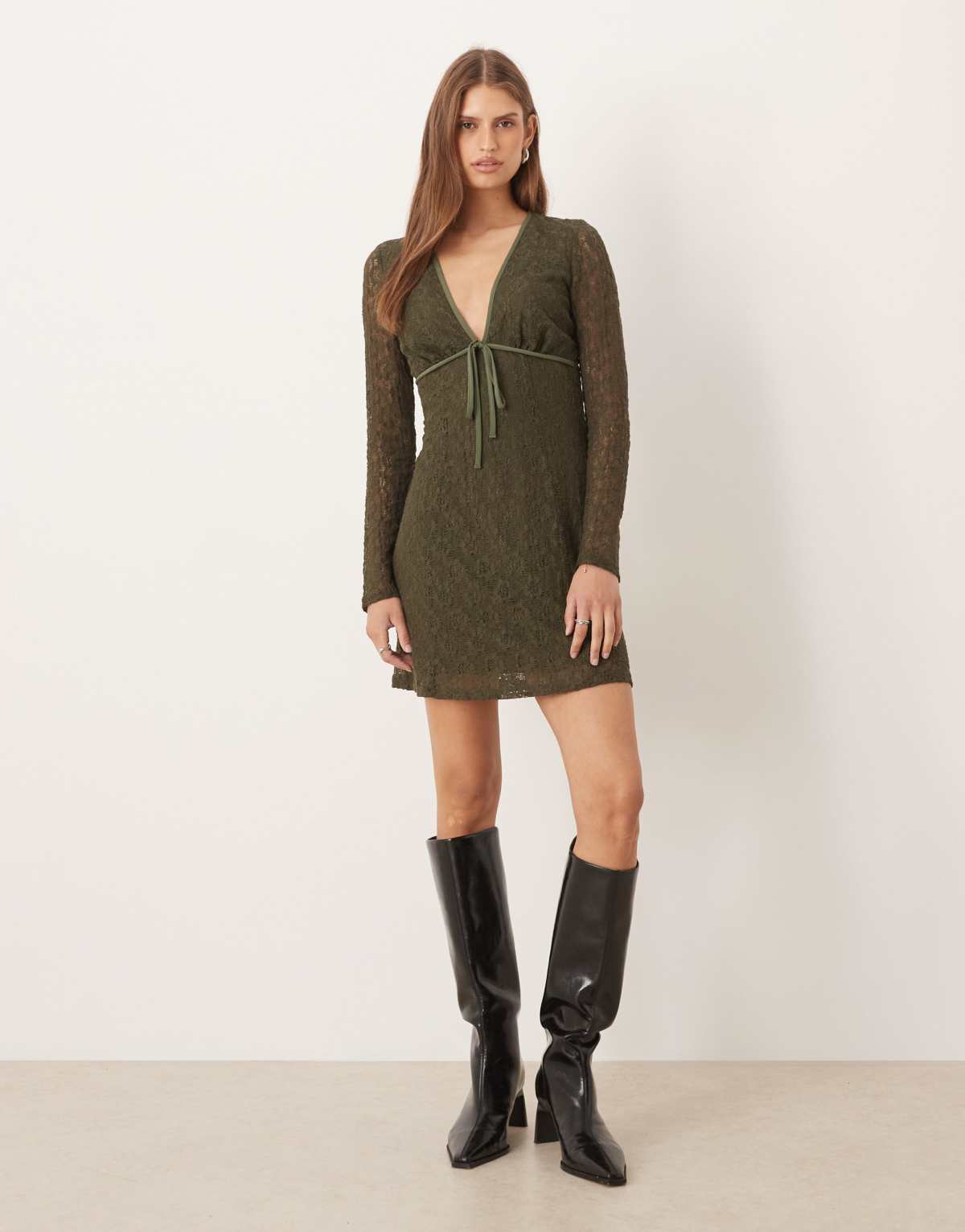 ASOS DESIGN lace long sleeve plunge tie front mini dress in green