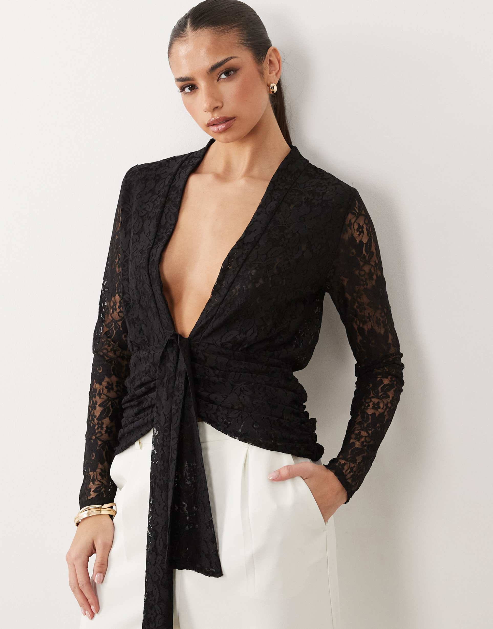 asos design lace long sleeve plunge top with tie waist in black