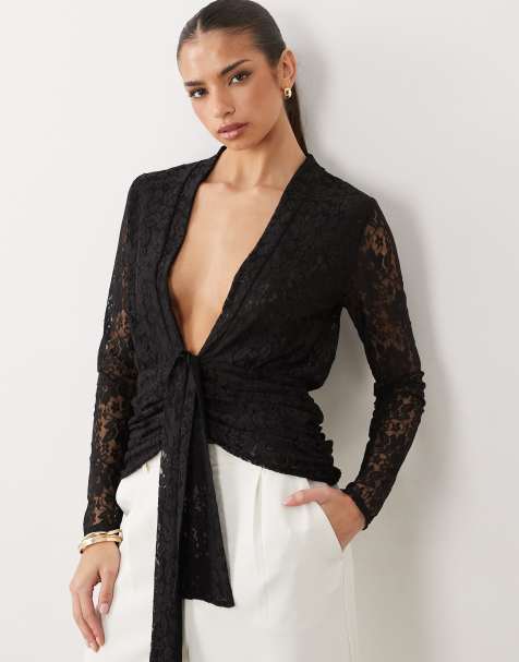 ASOS DESIGN lace long sleeve plunge top with tie waist in black