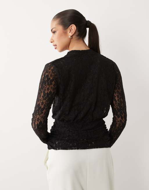 ASOS DESIGN lace long sleeve plunge top with tie waist in black, 2 of 4