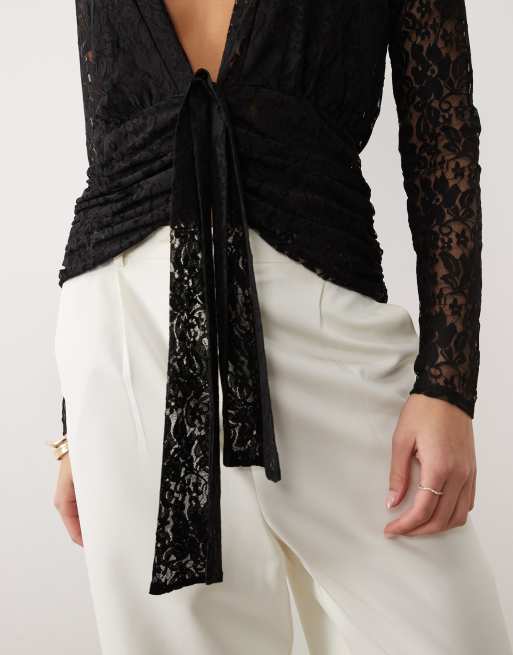ASOS DESIGN lace long sleeve plunge top with tie waist in black, 3 of 4