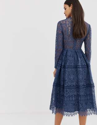 blue lace long sleeve prom dress