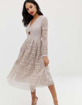 asos design lace insert ruffle back midi prom dress