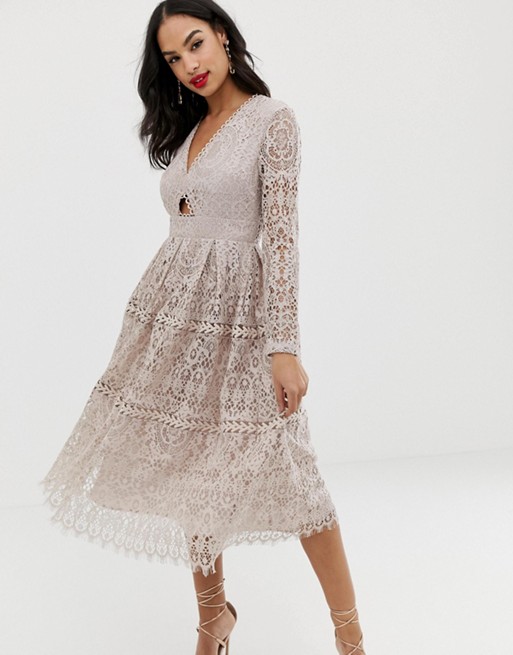 ASOS DESIGN lace long sleeve prom midi dress with cut out | ASOS