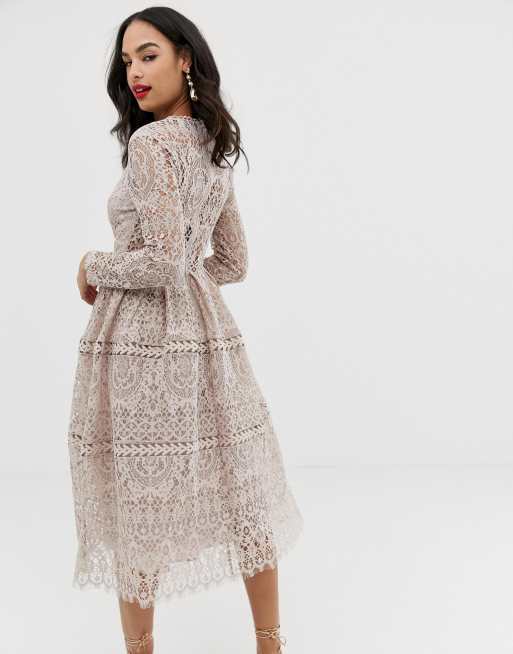 ASOS DESIGN lace long sleeve prom midi dress with cut out | ASOS