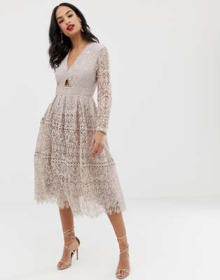 asos design long sleeve lace top prom midi dress