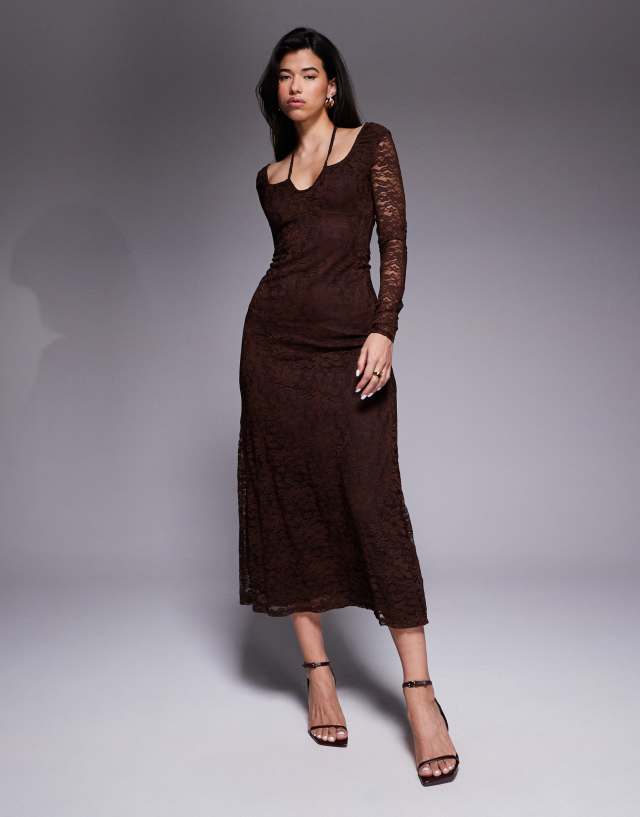 by design lace long sleeve midi dress ASOS - Tie Front - Women - Polyester/Spandex - S Asos Size (AU):4 barbieday Long Sleeve High Neck Featuring a sweetheart neckline