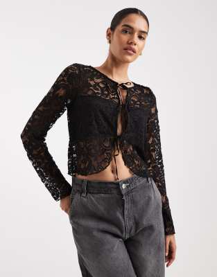 Asos Design Lace Long Sleeve Tie Front Top In Black