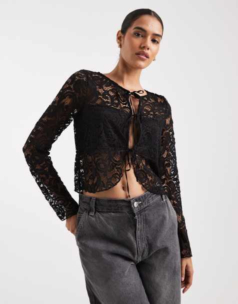 ASOS DESIGN lace long sleeve tie front top in black