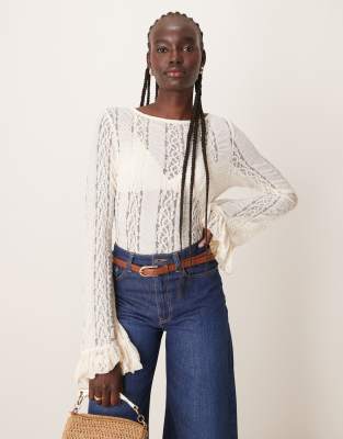 Asos Design Lace Long Sleeve Top In White
