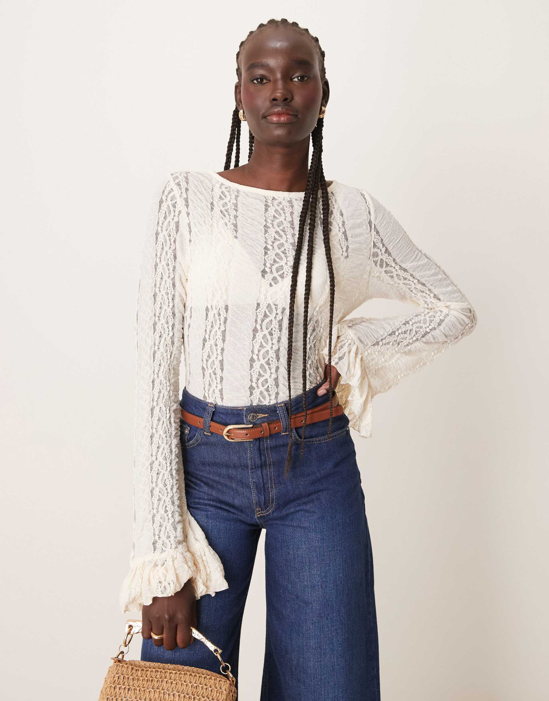 asos design lace long sleeve top in cream