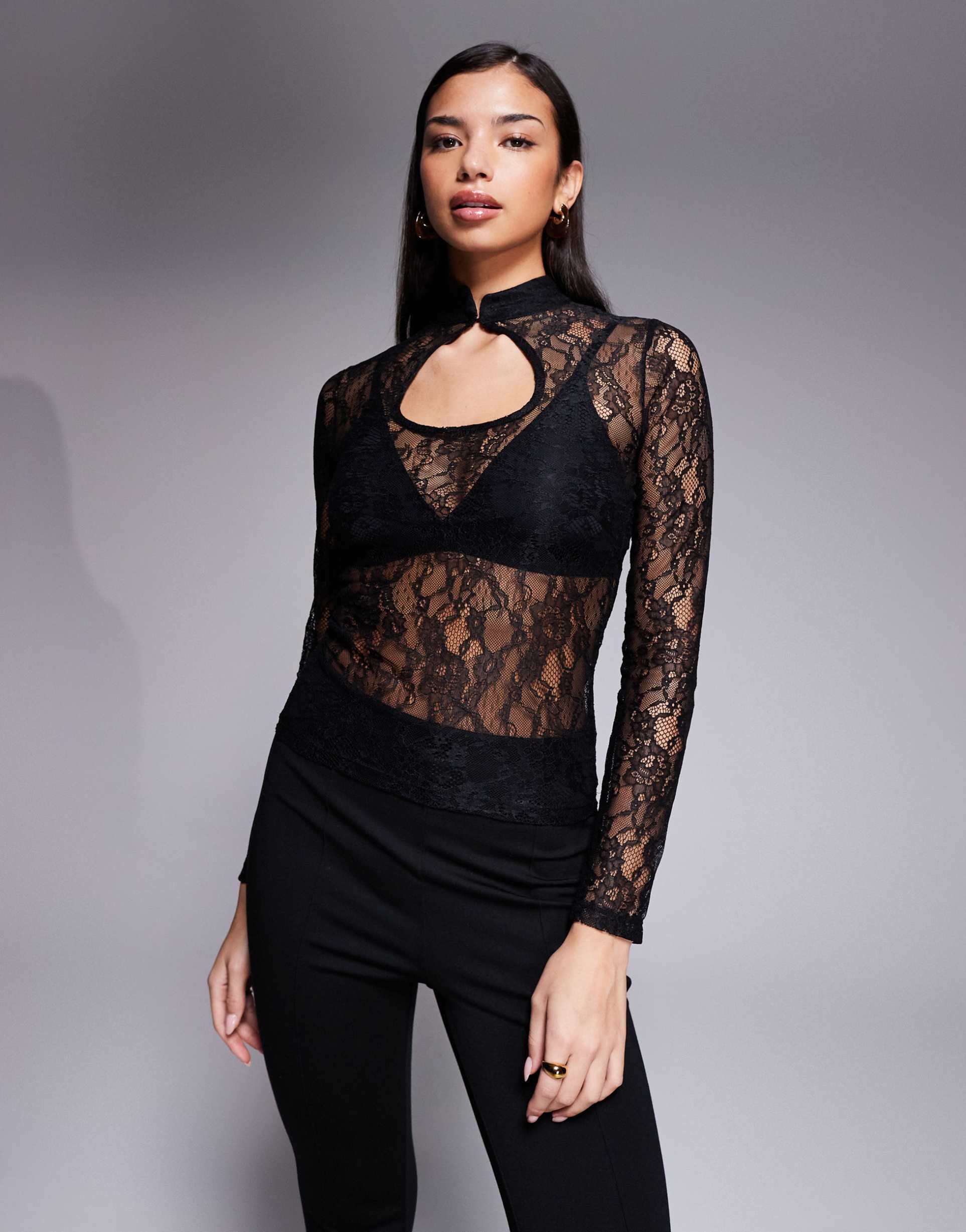asos design lace long sleeve top with mandarin collar in black